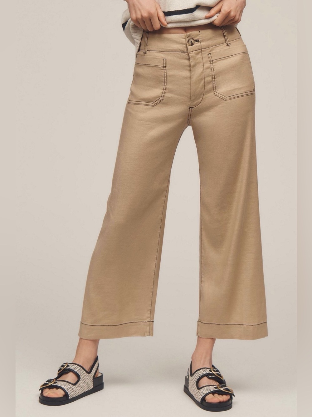 NWT MAEVE The Colette LINEN Cropped Wide Leg Pants Neutral Contrast Stitch 23